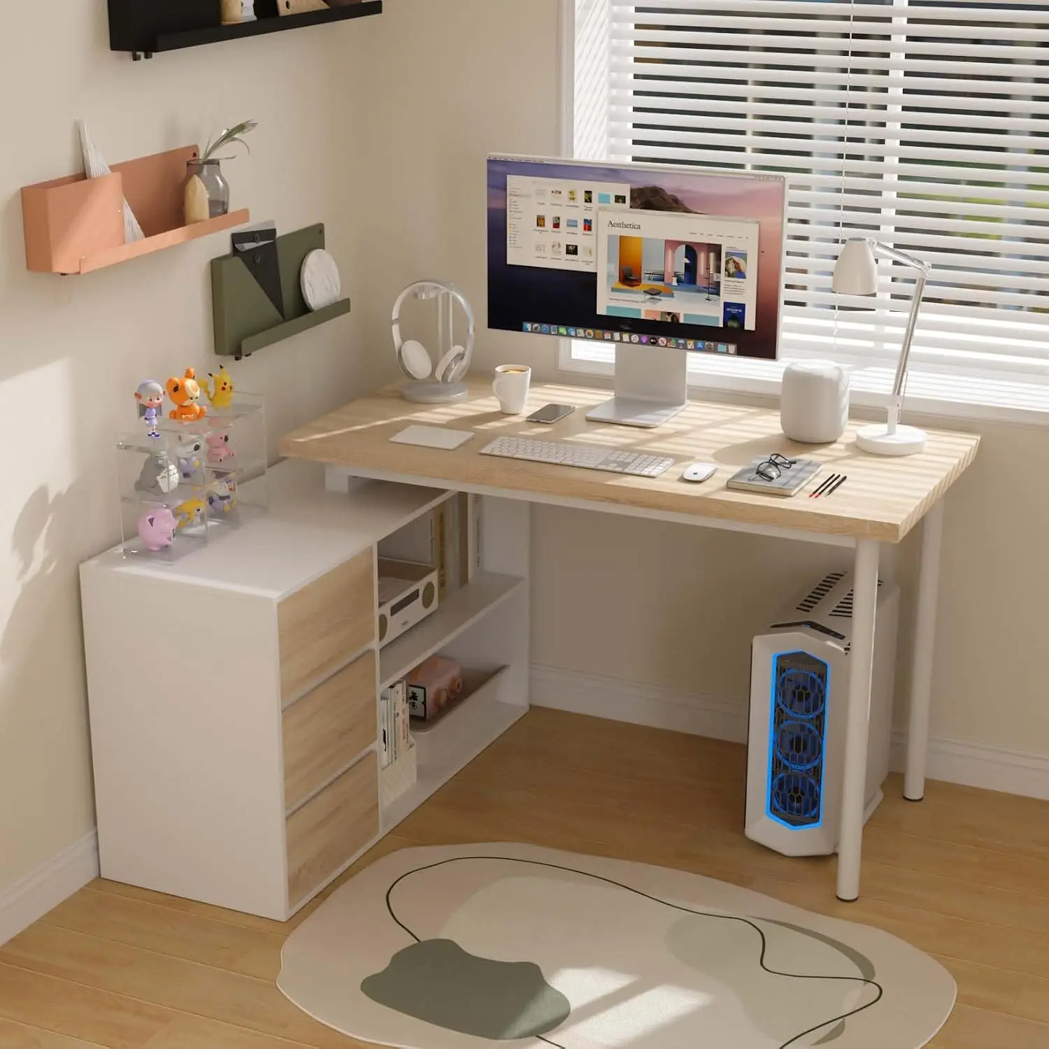 L Shaped Computer Desk with File Drawers & Storage Shelves, 47 Inch Corner Office Desk for Small Space, Customized