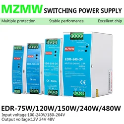 Industrial DIN Rail Switching Power Supply EDR Series 75W 120W 150W 240W 480W 100-240V AC/DC 12V 24V Source Power Transformer