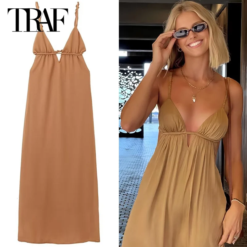 TRAF Women\'s dress Long Dresses 2024 Summer Sexy Elegant Party Beach Midi Slip Dress Ladies Fashion Casual Backless Khaki Dress