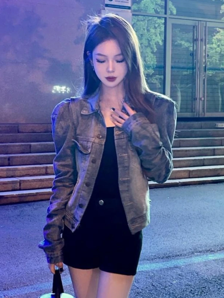 

Уличная джинсовая повседневная винтажная куртка в стиле Харадзюку для женщин, однобортная свободная куртка Y2K с пышными рукавами в стиле гранж