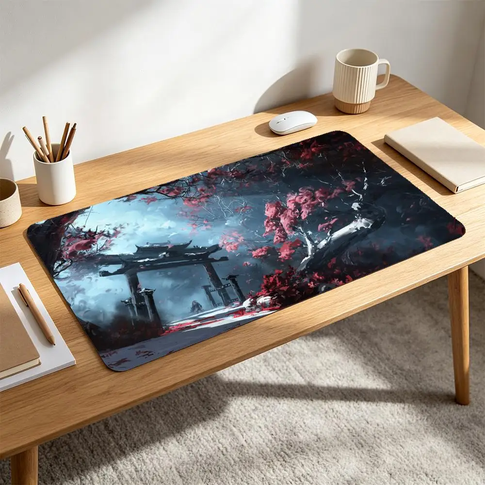 Large Gaming Mousepad Oriental Fantasy Snowy Torii Red Maple Landscape Desk Mat Waterproof Non-slip Rubber Base for Card Game