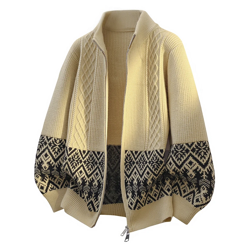 

Мужской вязаный кардиган с узором «косы», воротником-стойкой, на молнии, с длинными рукавами, утепленный, осенний, повседневный, из полиэстеровой смеси