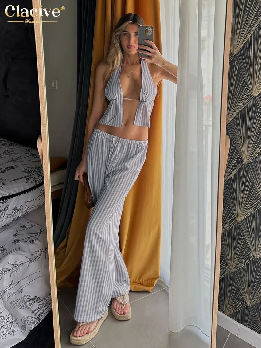 

Clacive Summer Loose Stripe Cotton 2 Piece Sets Women Outfit 2024 Fashion Sleeveless Crop Top With Low Waist Wide Pants Set