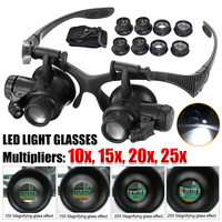 2LEDs Magnifier Eye Glasses Head-Mounted Illuminating Magnifying Glass 10X 15X 20X 25X 8pcs Lens for Jewelers Watchmaker Repair