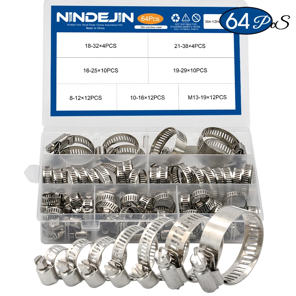 Stainless Steel Hose Clamp Assortment Kit Adjustable 8-38mm Worm Gear Fuel Line Pipe Clamp Cut to Fit For Plumbing Automotive