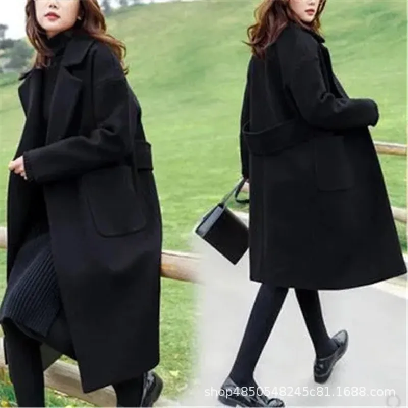 Autumn Winter Korean Mid-Long Wool Coat Women's Black Casual Overcoat