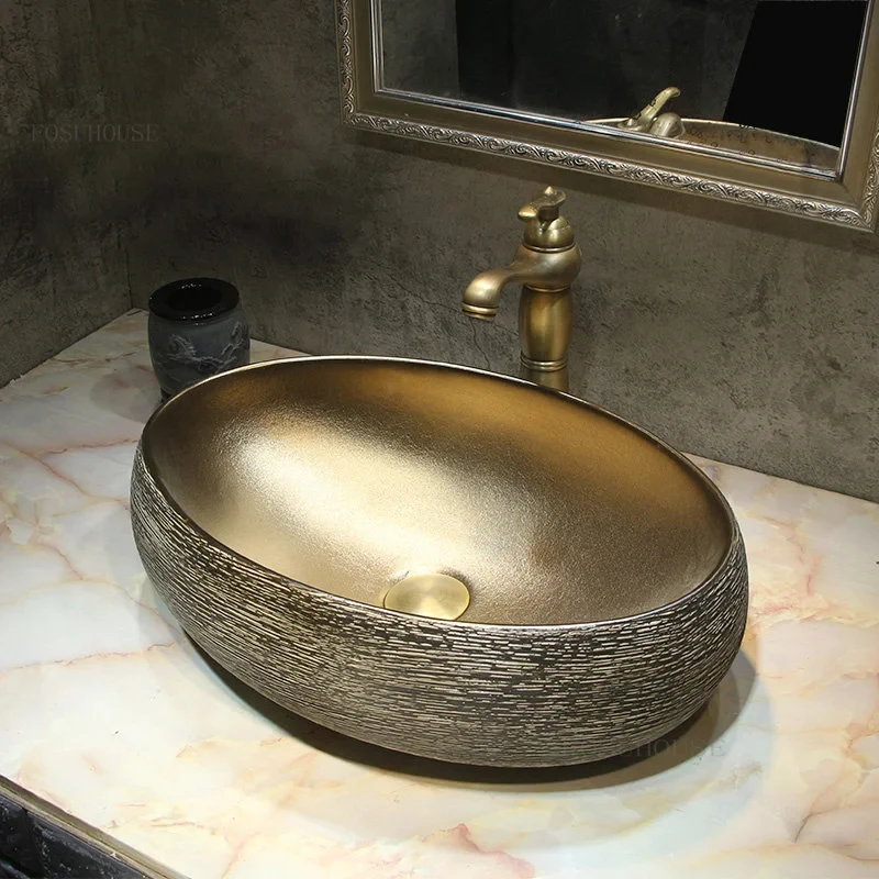 Ceramic Bathroom Sinks Golden Countertop Basin Creative Vintage Household Hotel Washbasin Single Basin Art Design Sink  YX076WY