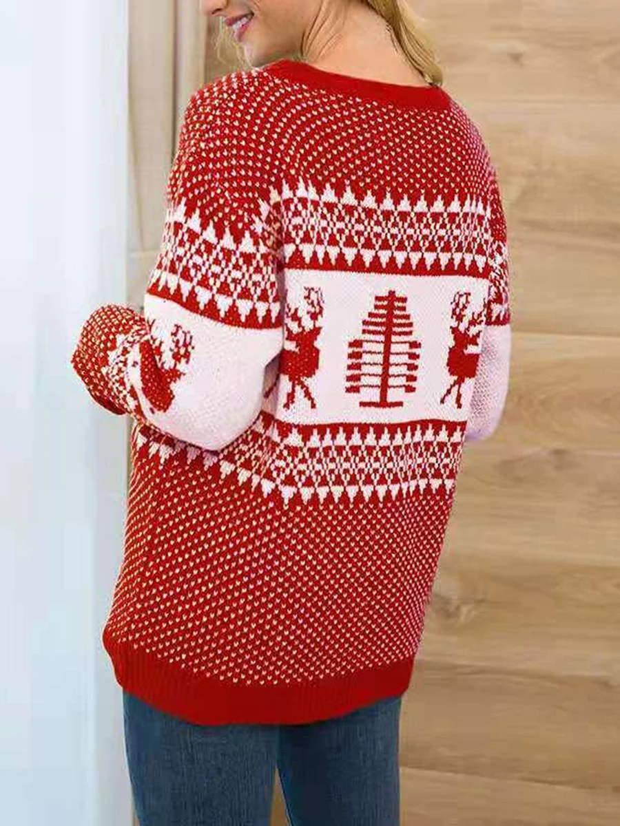 Women's Christmas Sweaters Long Sleeve Round Neck Reindeer Geometric Print Pullover Casual Knit Tops