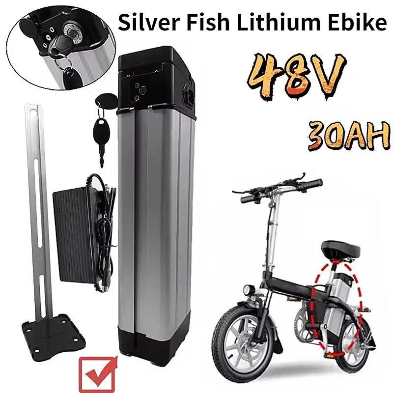 48V 30Ah High Capacity Silver Fish-shaped Electric Bicycle 48V Battery with Anti-theft Aluminum Shell Lock bicicleta eléctrica