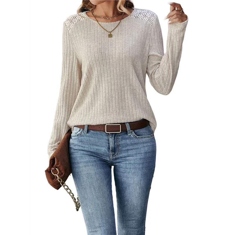 

AOAO-Womens Casual Crew Neck Shirt Lace Patchwork Blouses Pullover Sweaters Solid Color Long Sleeve Tunic Tops