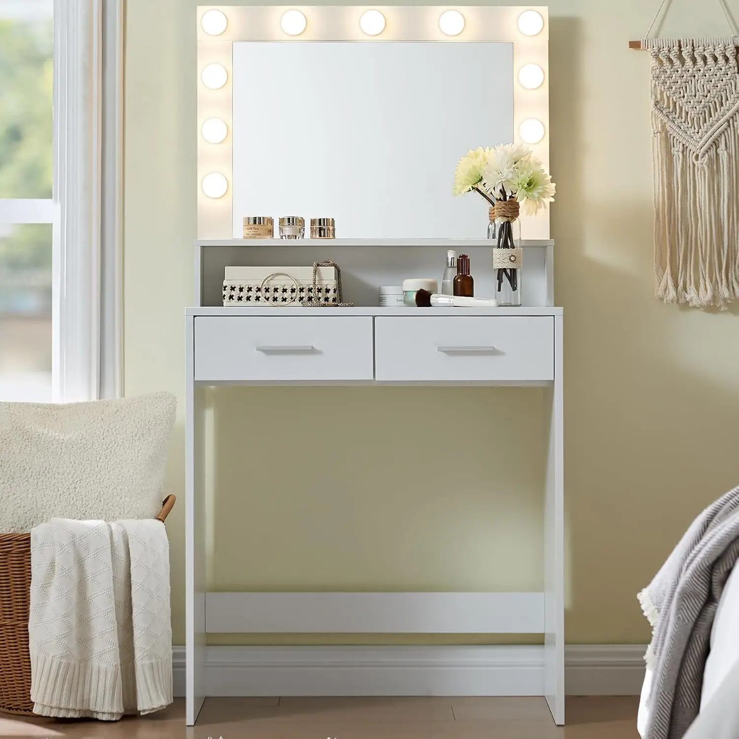 

Vanity Desk with Mirror and Lights, Dressing Table with Large Drawer, 2 Level Storage Dresser & 3 Lighting Modes Adjustable