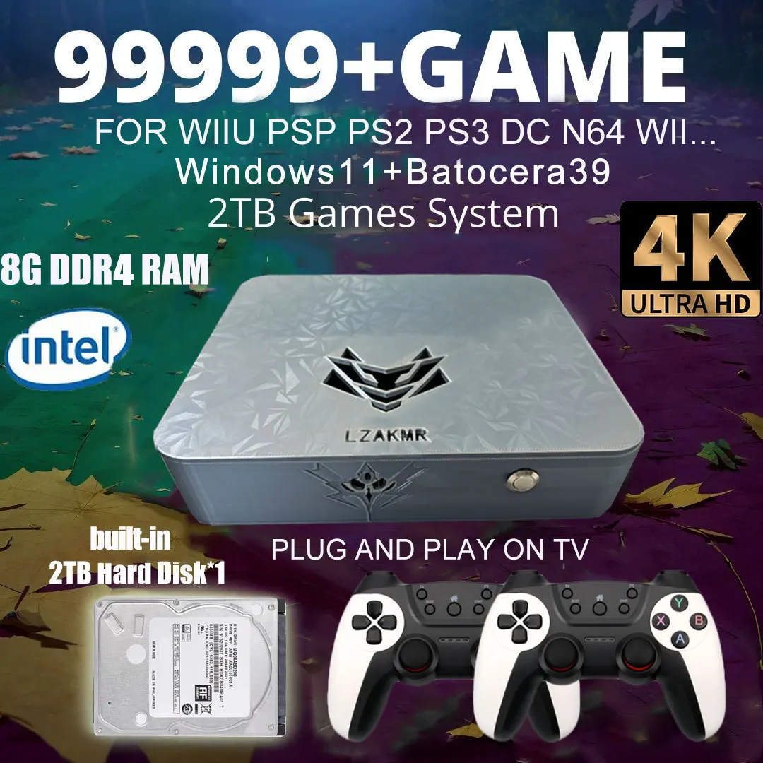 99999+Gamebox AK1 N100 Windows11 and Batocera 2TB Games System Support PS2/PS3/WII/SS/GAMECUBE/Xbox Gameconsole