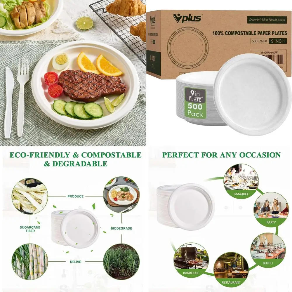 

9-дюймовые компостируемые бумажные тарелки, прочные, экологичные, биоразлагаемые тарелки из сахарного тростника (белые)