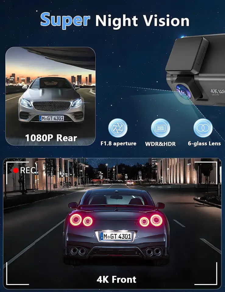 كاميرا داش Kocam بدقة 4K UHD، كاميرا أمامية وخلفية مزدوجة العدسة مع رؤية ليلية 24 ساعة، شاشة ركن السيارة، وصندوق أسود - 5