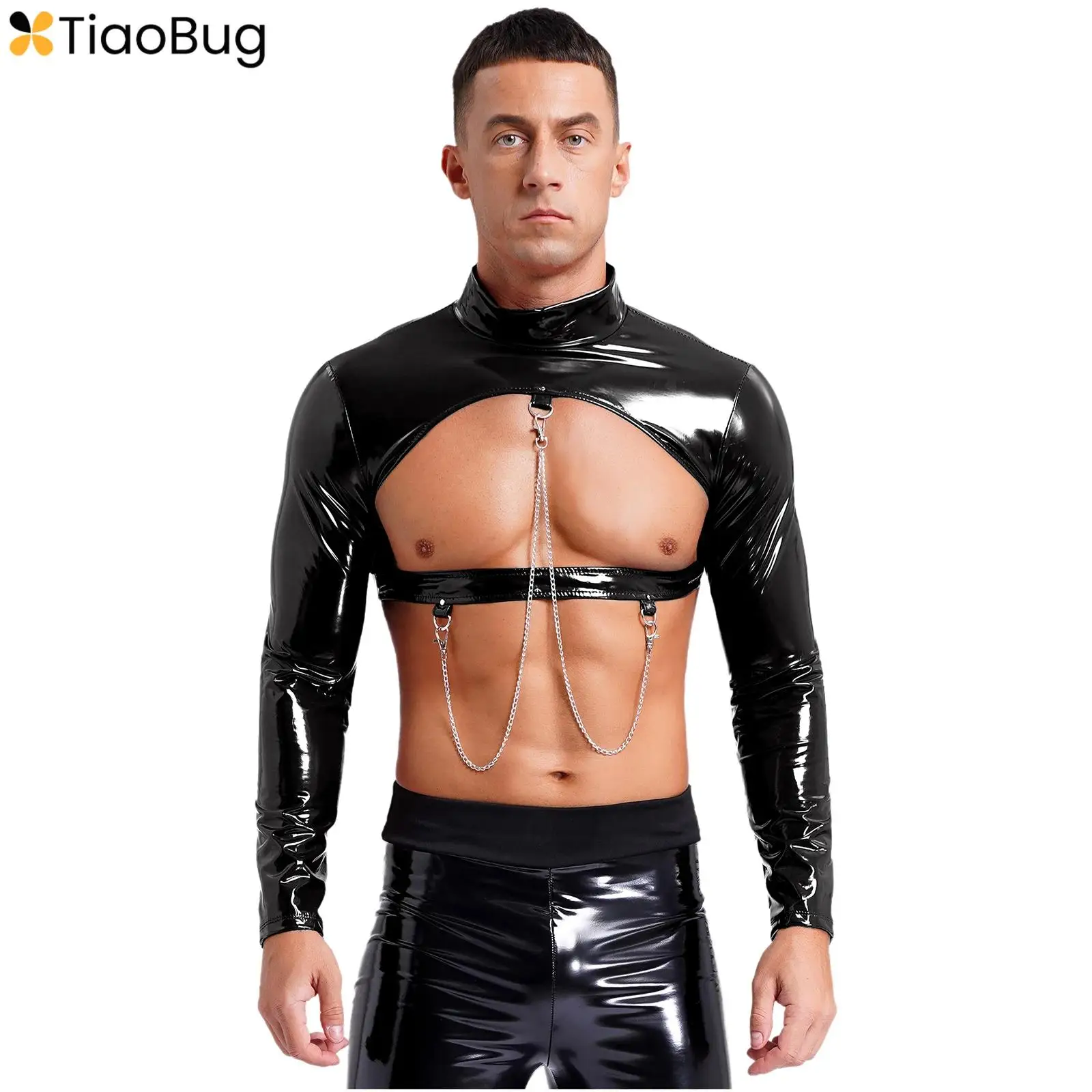 Mens Glossy Patent Leather Hollow Out T-shirt Crop Top Gothic Punk Metal Chains Long Sleeve Tank Tops Nightclub Party Lingerie