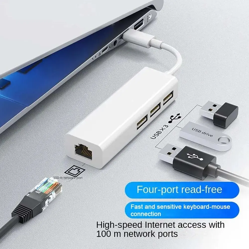 100Mbps USB C 네트워크 카드, USB to RJ45 이더넷 랜 어댑터, 맥북 샤오미 삼성 화웨이 PC 컴퓨터용, 3 USB 2.0 C타입 허브