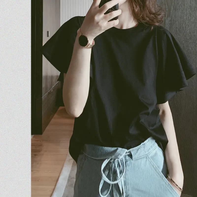 

plus Size 300 Pounds Casual Loose Meat Concealing T-Shirt Women Summer Design Sense Three Dimensional Lotus Leaf Short S...