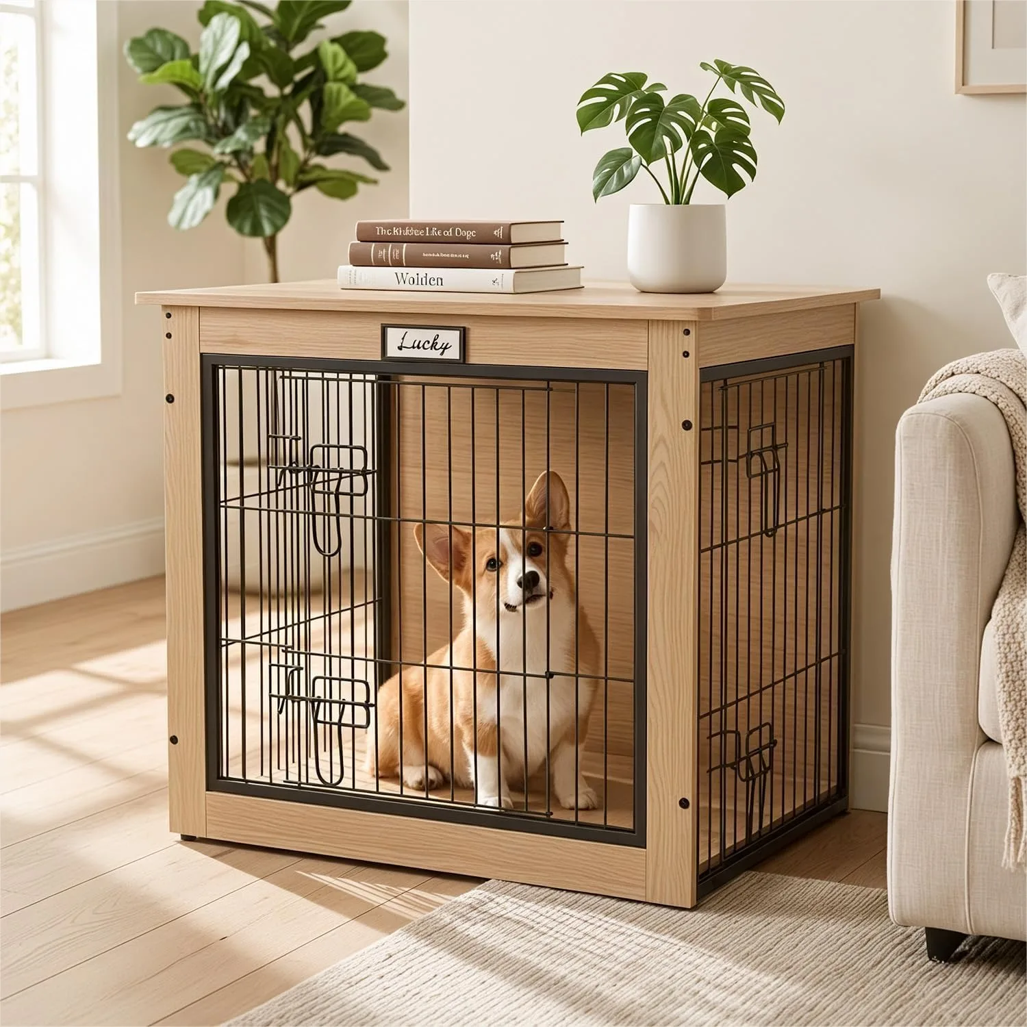 

Dog Crate Furniture for Small/Medium Dog 28'' Wooden Dog Crate Indoor, Kennel End Table with Reversible Side Door, Double Lock,