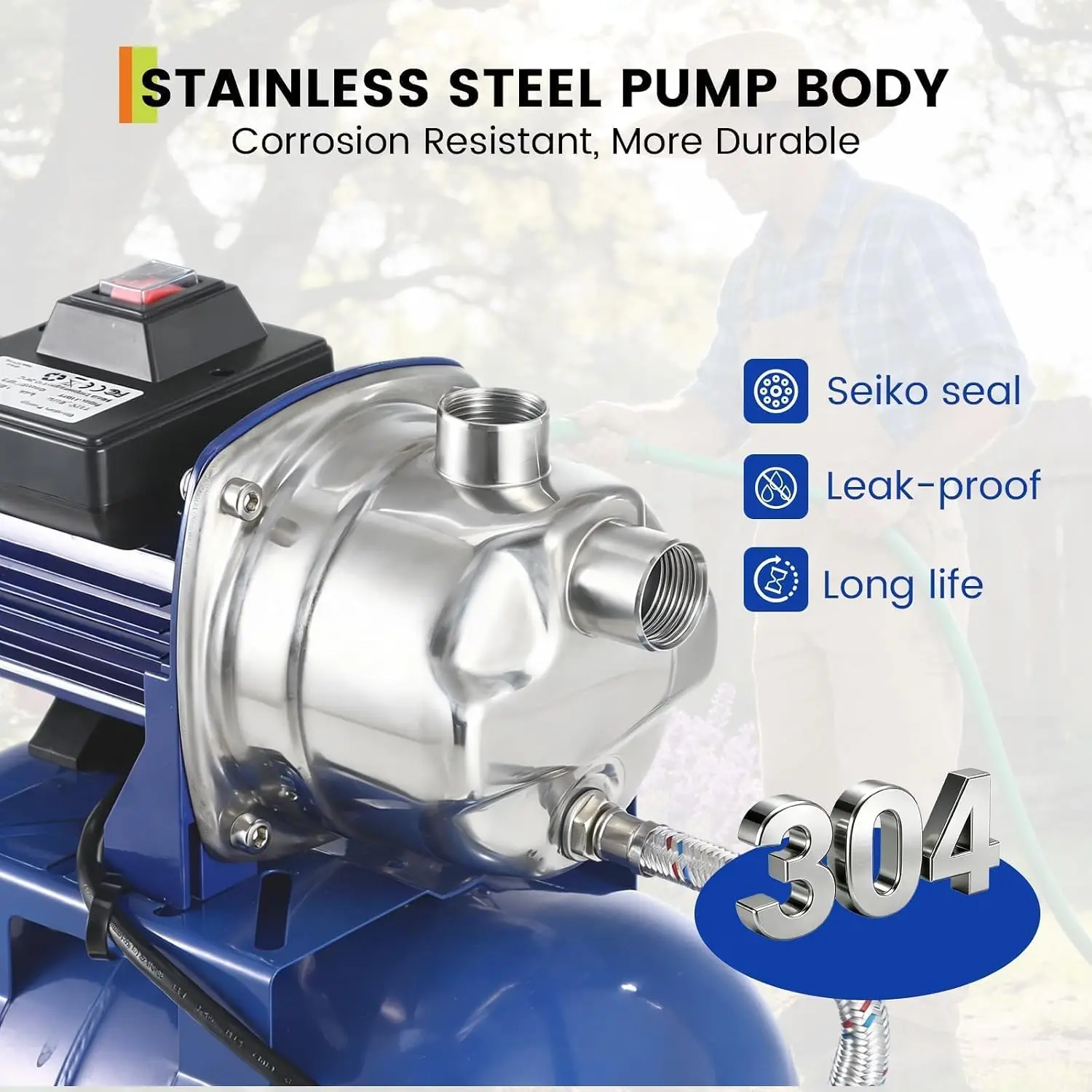 Tacleekii 1 HP 1.6HP  Shallow Well Jet Pump with Pressure Tank  Automatic Pressure Switch Stainless Steel Pump Housing for Home Water Supply, Garden