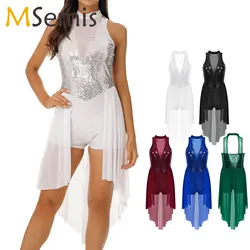Adult Womens Ballet Dance Dresses Rhinestone Ballroom Modern Lyrical Dance Stage Performance Costume Sleeveless Leotard Dresses