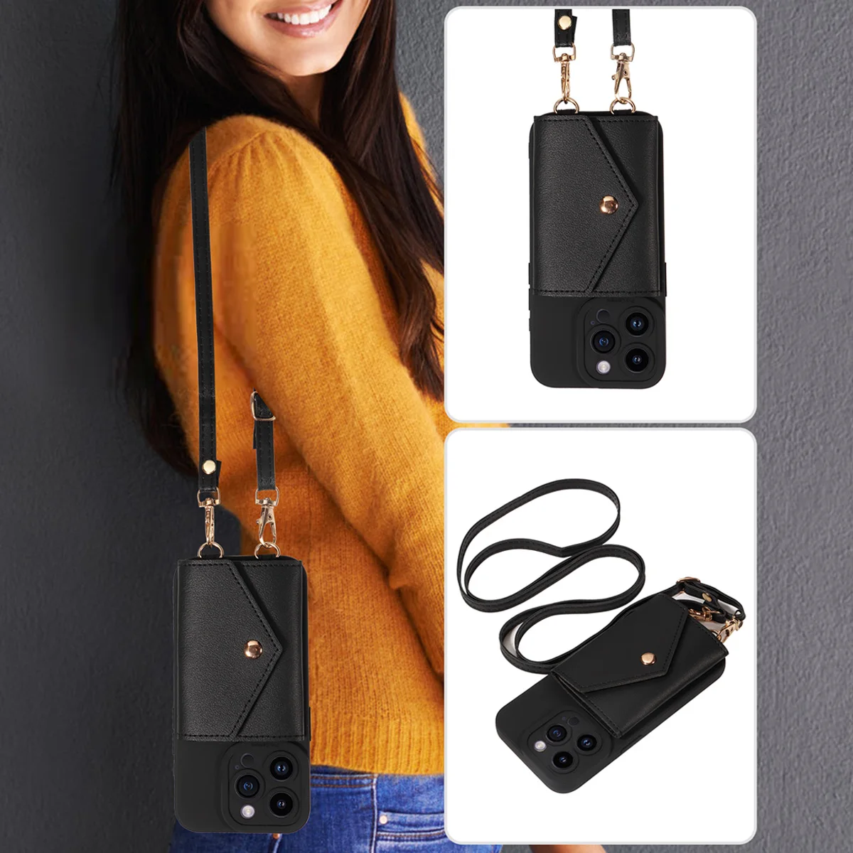 Faux Leather Phone Case for IPhone17 16 15 14 13 12 11 X XS XR 8 7 6 E Pro Max Plus Mini Wallet Protective Cover with Lanyard view 4