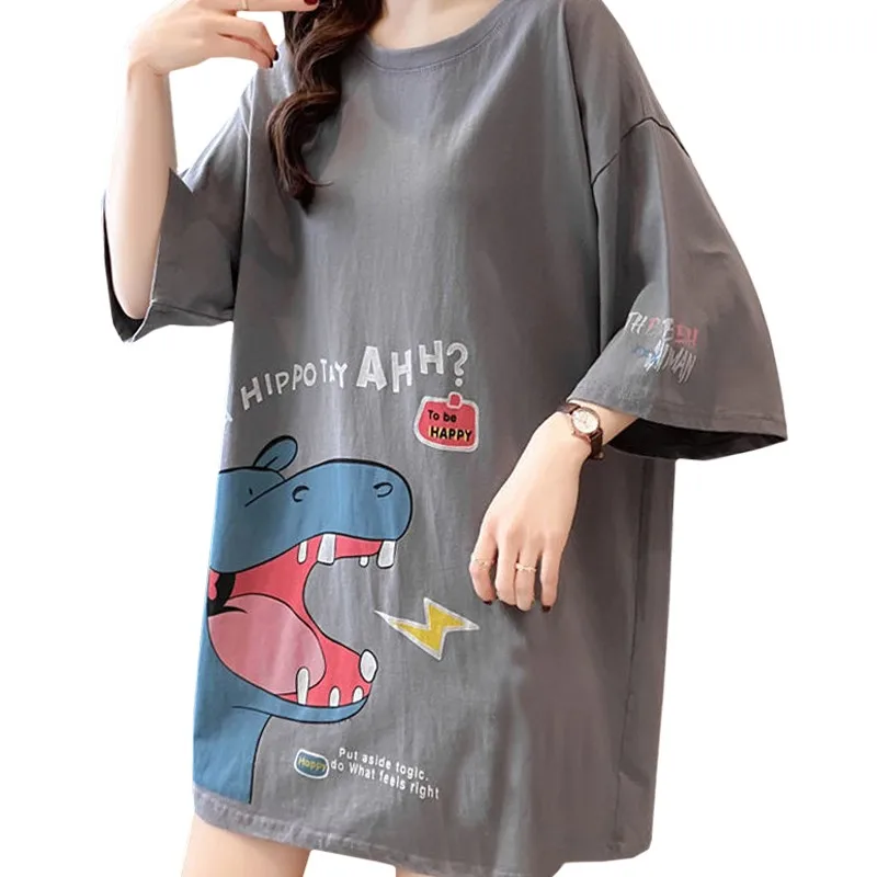 New Japanese Korean Girl T Shirt Style English Speaking Hippo Cute Grey Printed Letters Medium Length Tees Loose Tops Female