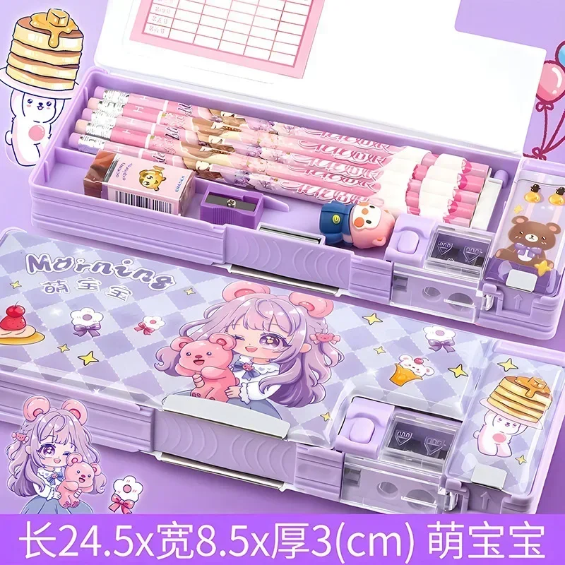 Estojo multifuncional para Estudante, Lápis Kawai Coreano Mágico, Princesa Escolar, Papelaria Rosa, Roxo