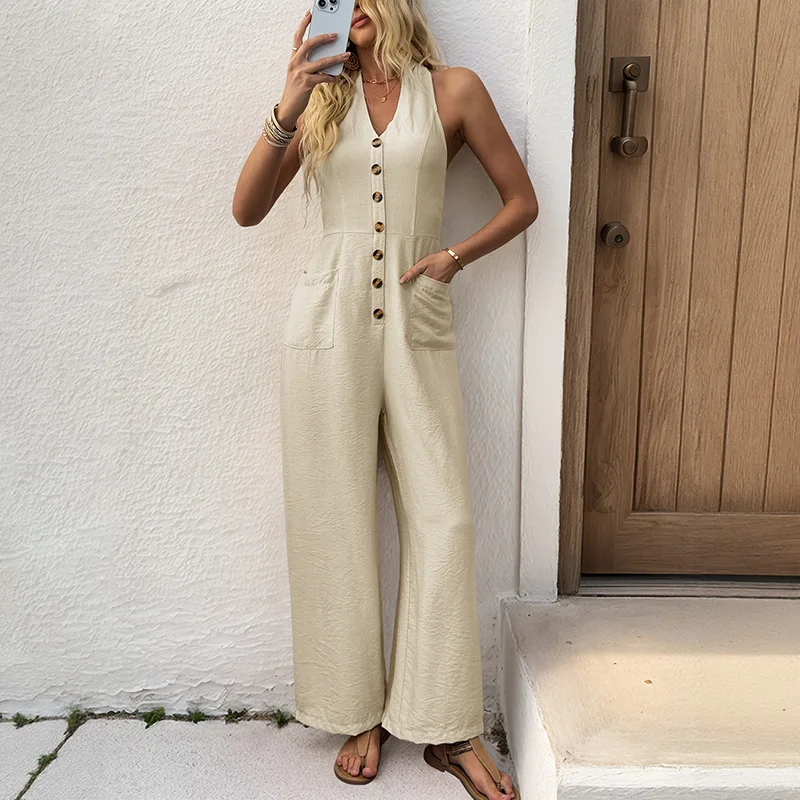 

American European New Fashion Women's Solid Color Casual Trendy Simple Basic Sleeveless V-neck Button Wide Leg Jumpsuits Female