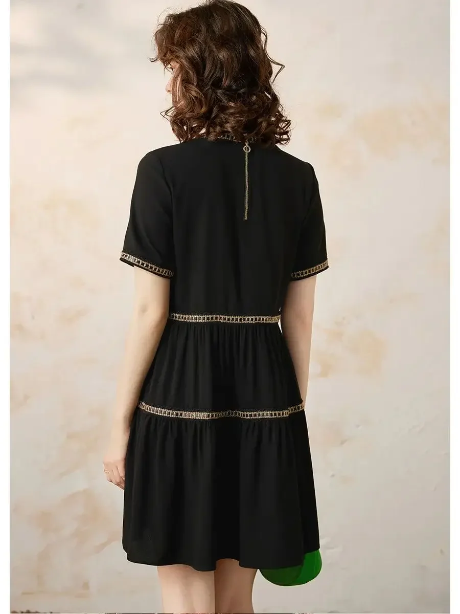 LOUIS YAO Women Dress 2024 Summer Casual Elegant Round Neck Short Sleeve Webbing Loose Fit A-LINE Black Short Dress