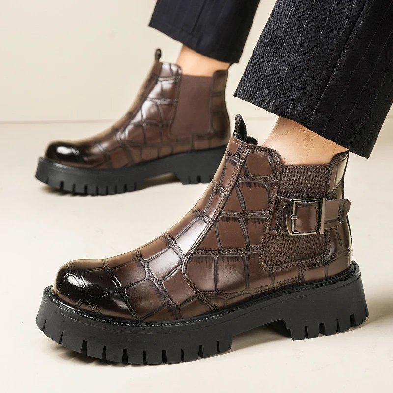 

Осень-зима, новые повседневные кожаные ботинки с высоким берцем и круглым носком, качественные деловые ботинки челси на толстой подошве, фирменные мужские дорожные ботинки