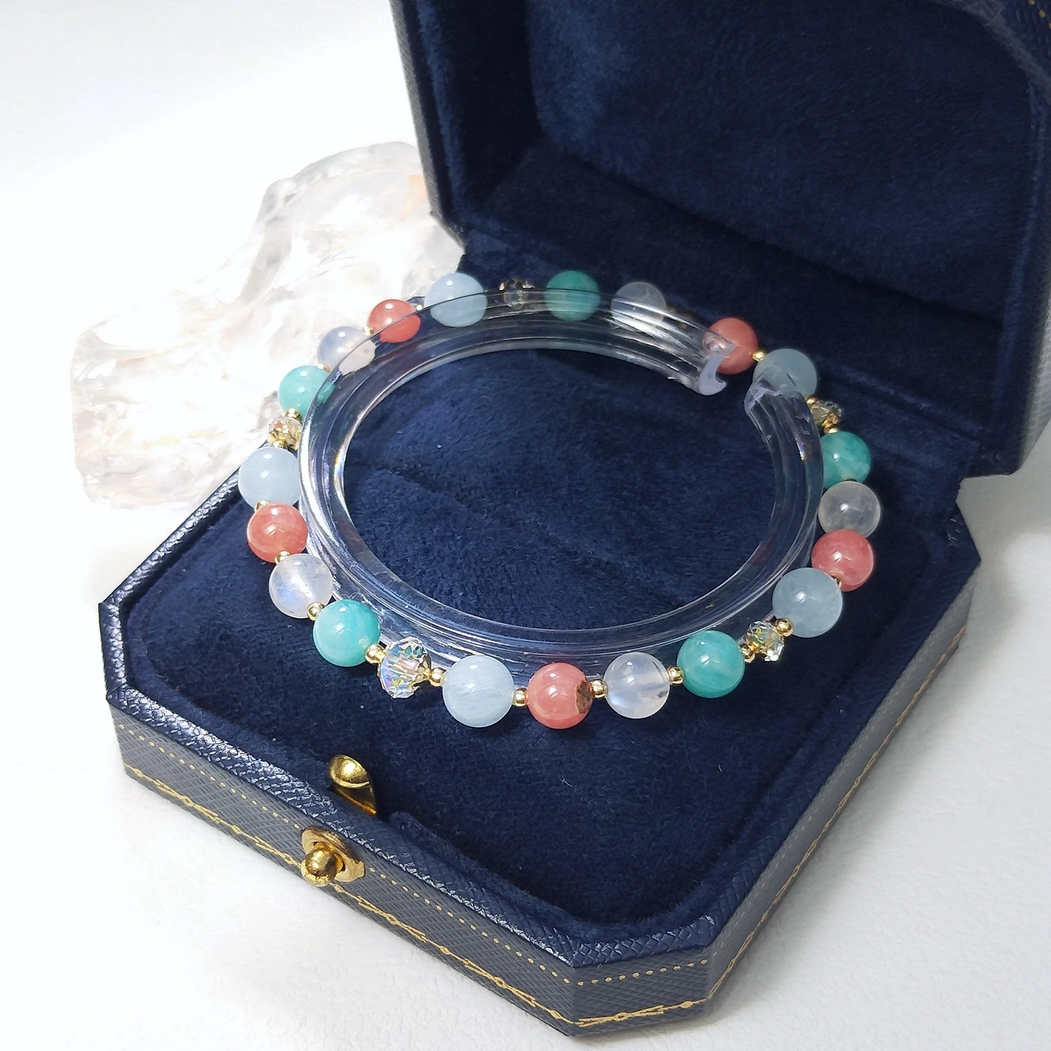 

Lii Ji Natural Stone Rhodochrosite Amazonite Aquamarine Moonstone 6/8mm With Crystal American 14K Gold Filled Elastic Bracelet
