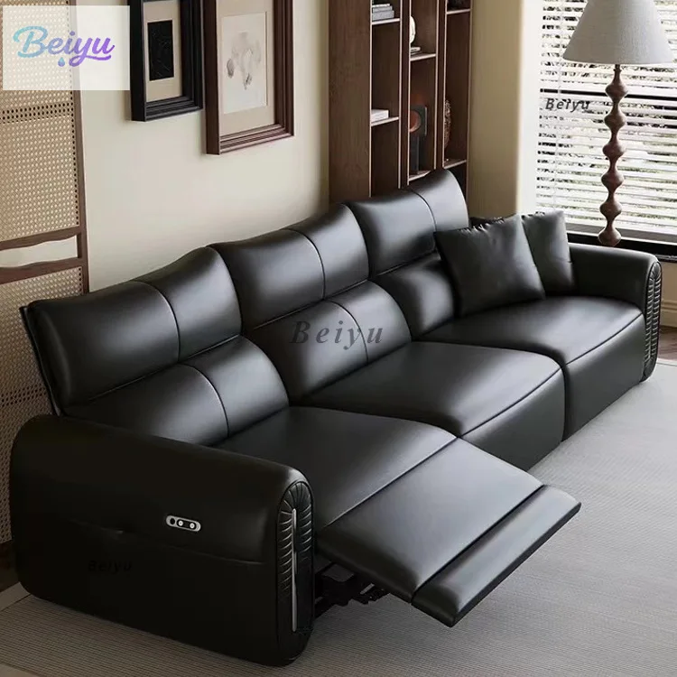 

Light luxury modern new electric function leather sofa size apartment living room first layer cowhide straight row leather sofa