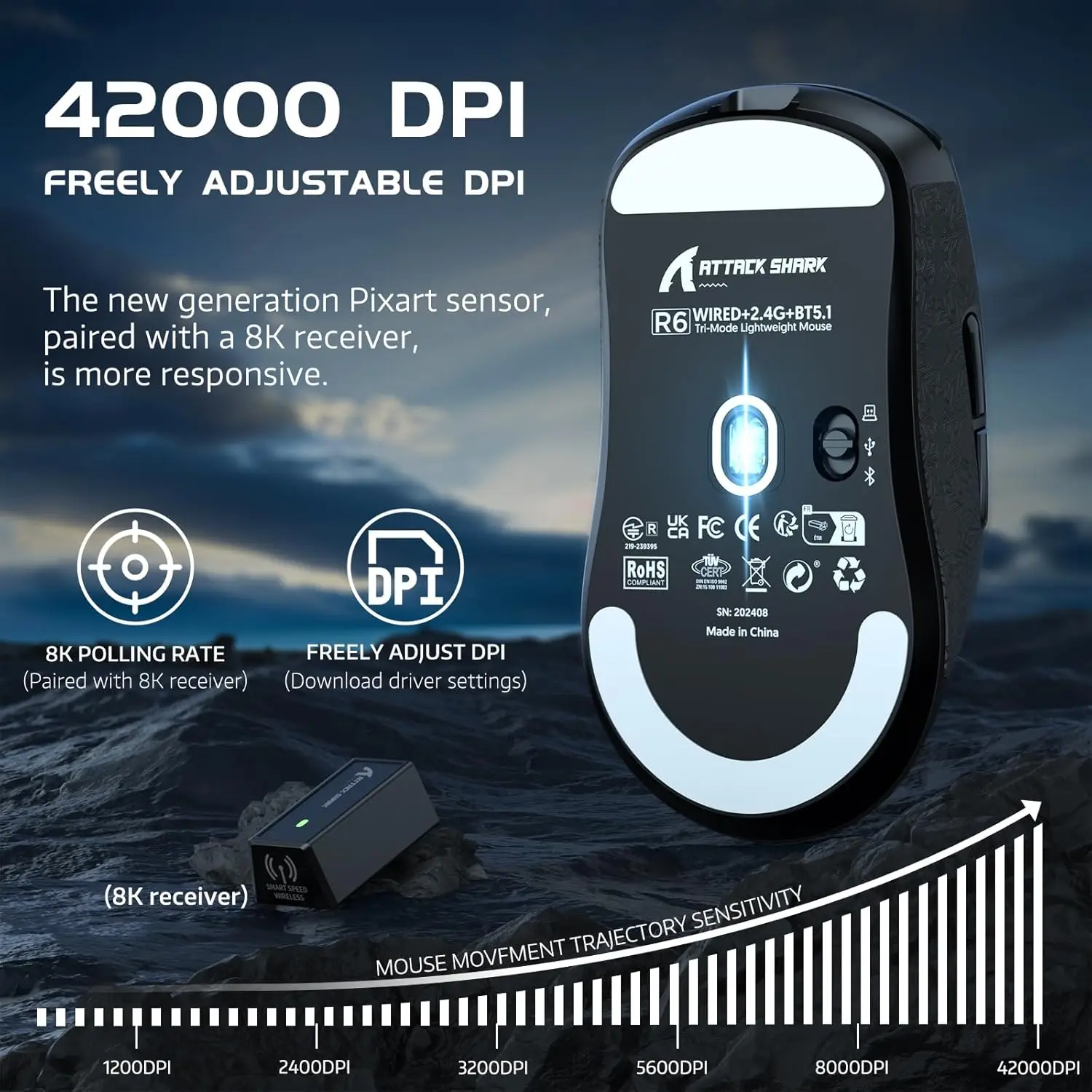 ATTACK SHARK R6 Lightweight Wireless Gaming Mouse PAW 3950Max with Nordic 52840 42K DPl 8KHz Polling 7 Programmable Buttons