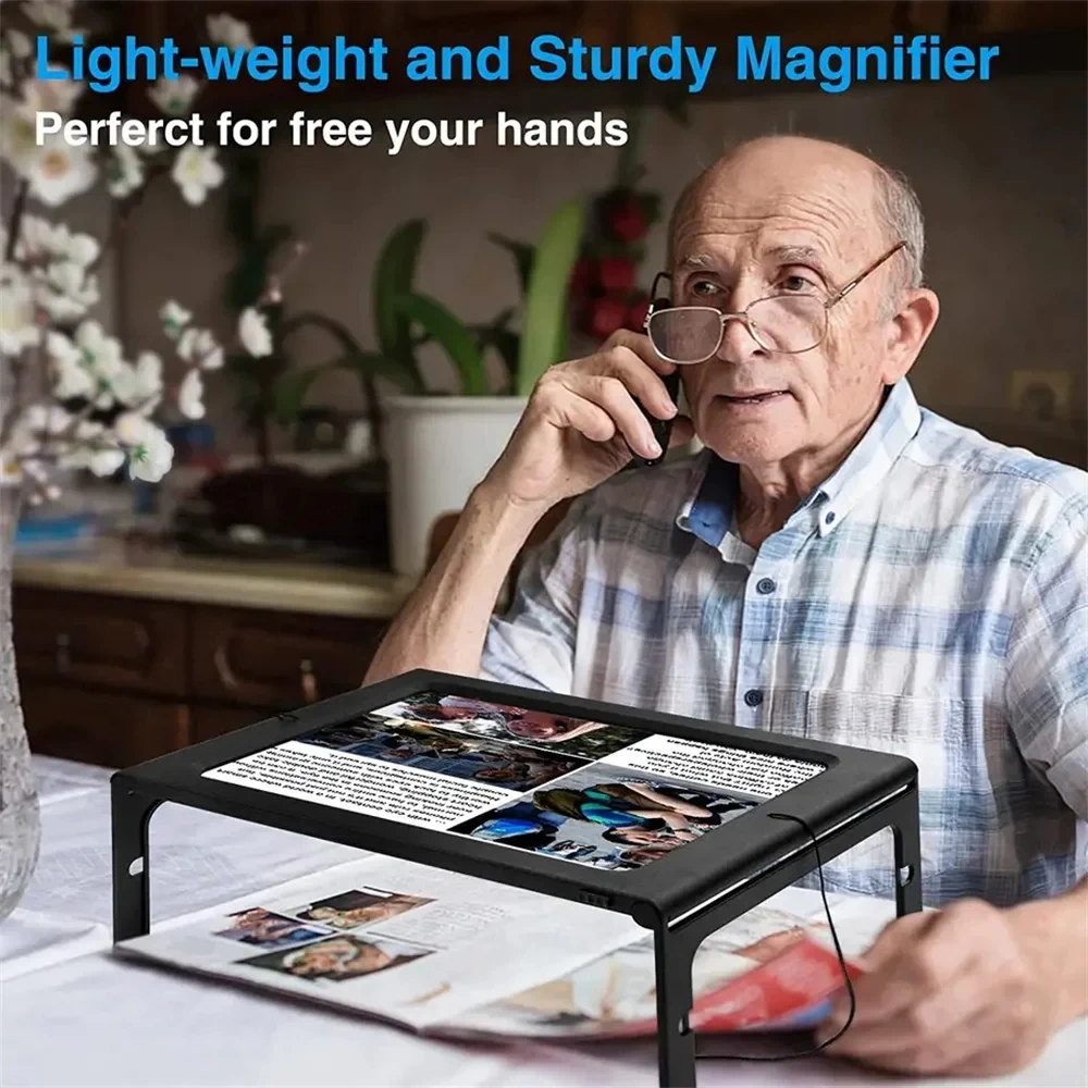 A4 Magnifying Glass, Large 3X Foldable Full-Page Desktop Magnifier with LED Lights for the Elderly, Low Vision Book Reading Aid