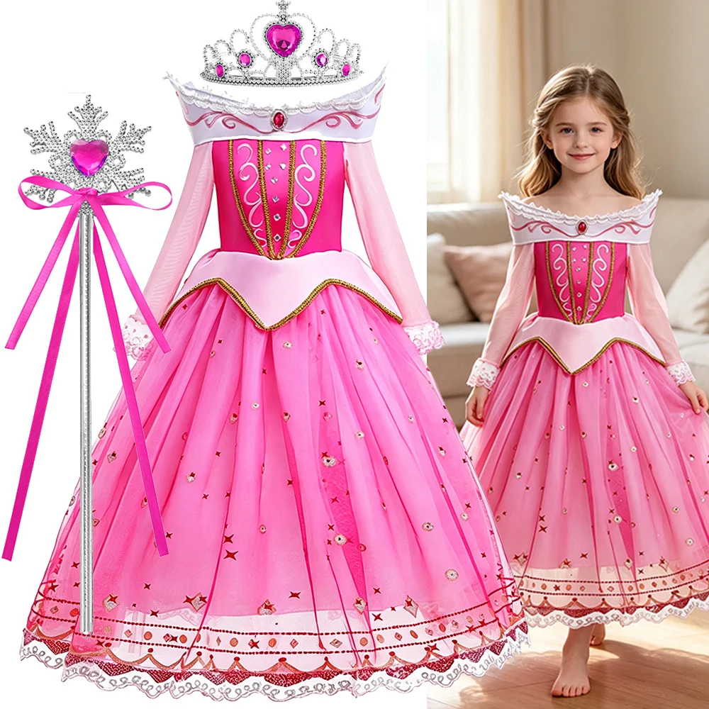 Pink Princess Dress for Girls Luxury Off Shoulder Gown for Kids Birthday Dress for Girls 3 4 5 6 7 8 Years