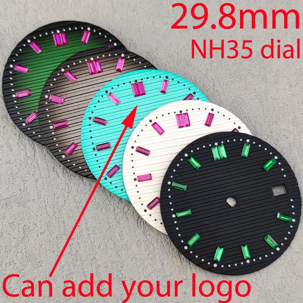 New diamond inlaid 29.8MM modified accessory suitable for NH35 movement Nautilus dial with green pink gemstone lettering