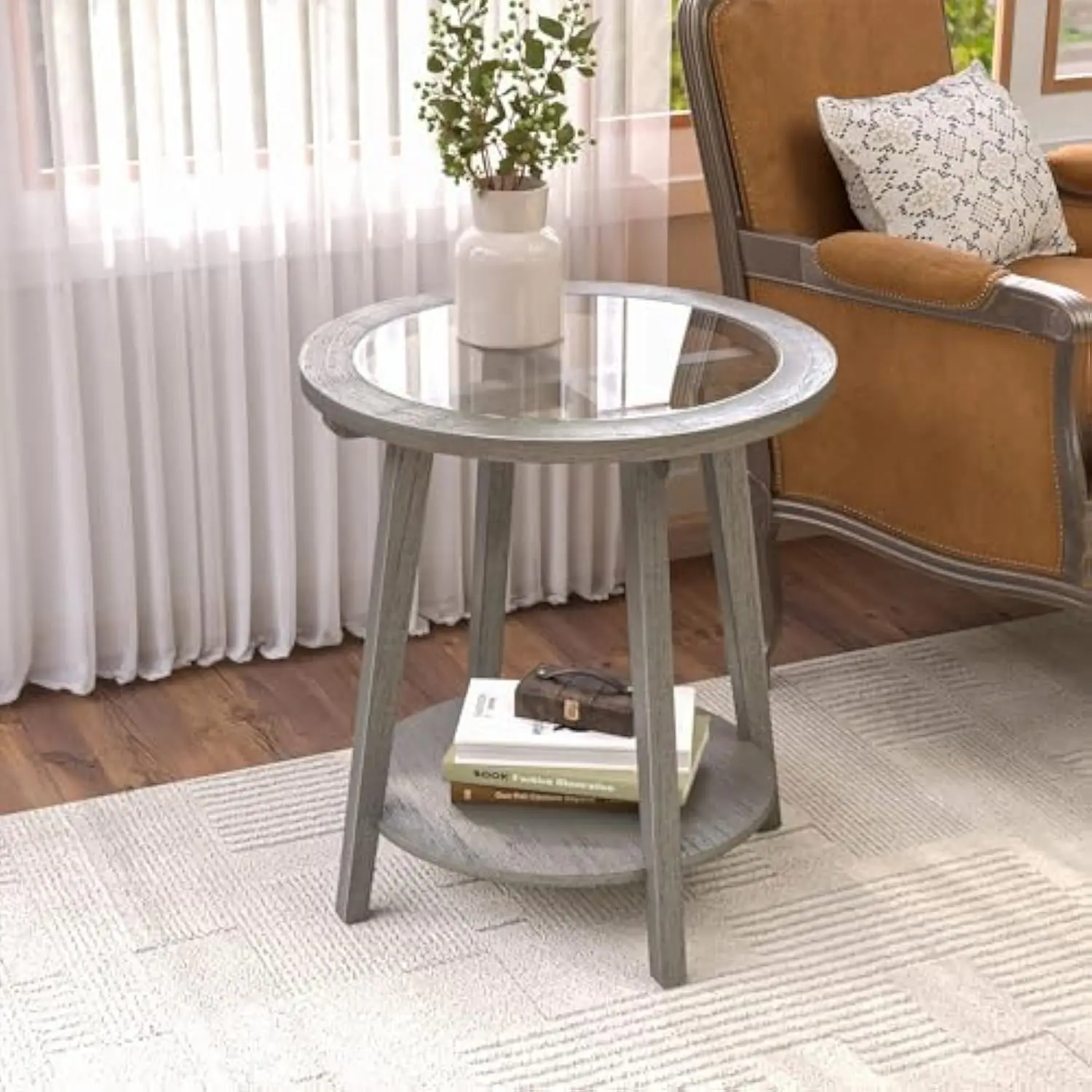 

2-Tier End Table with Tempered Glass Top, Round Mdf Side Table with Storage Shelf, Modern Wood Accent Table for Bedroom Living