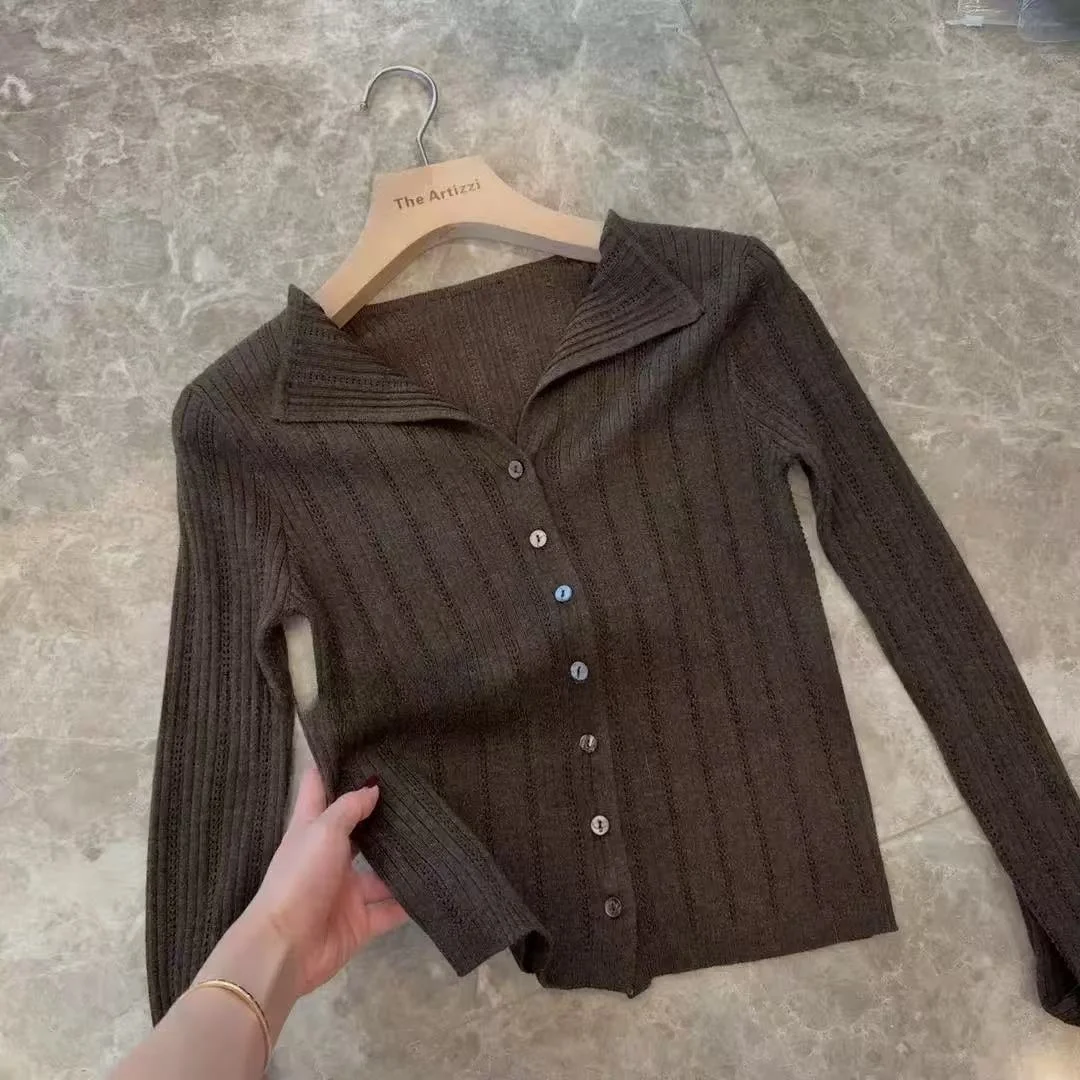 

Chic Single-Button Knitted Top Women's Early Autumn Simple Color Long Sve Base irt Commute Sli Sweater