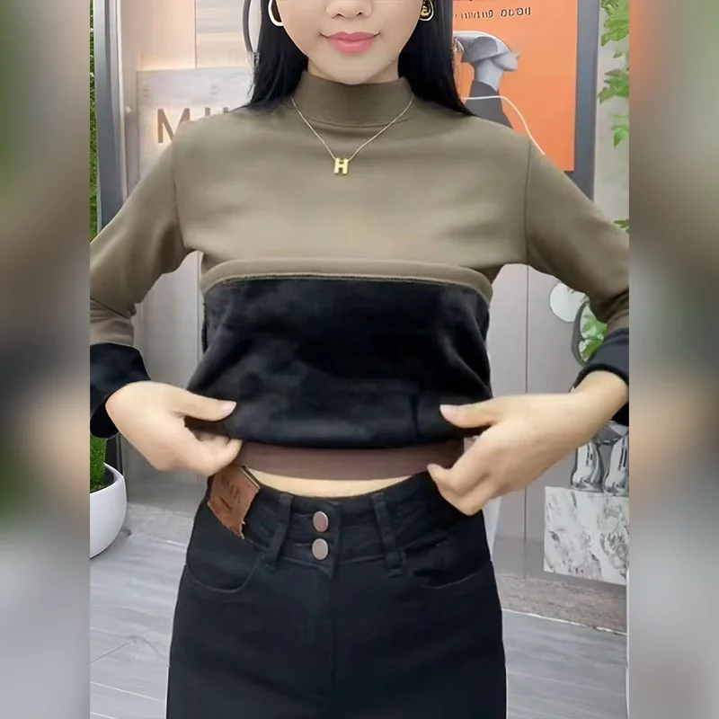 

Женское зимнее термобелье, топы, флисовый пуловер с высоким воротником, осенний облегающий тонкий бархатный топ, терморубашка с длинными рукавами