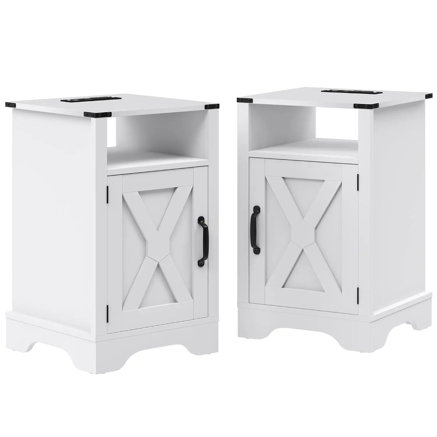 Farmhouse Nightstand 2-Pack with Charging Station, Wooden End Table with Cabinet & Shelf, Bedside Table , Customized