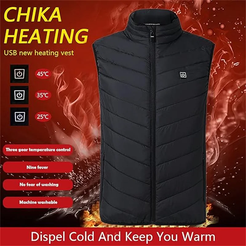 HV-09B Heated Vest 9 Heating Zones Triple Gear Temperature Level Control USB Charging Waterproof Hip Length Electric Heat Jacket