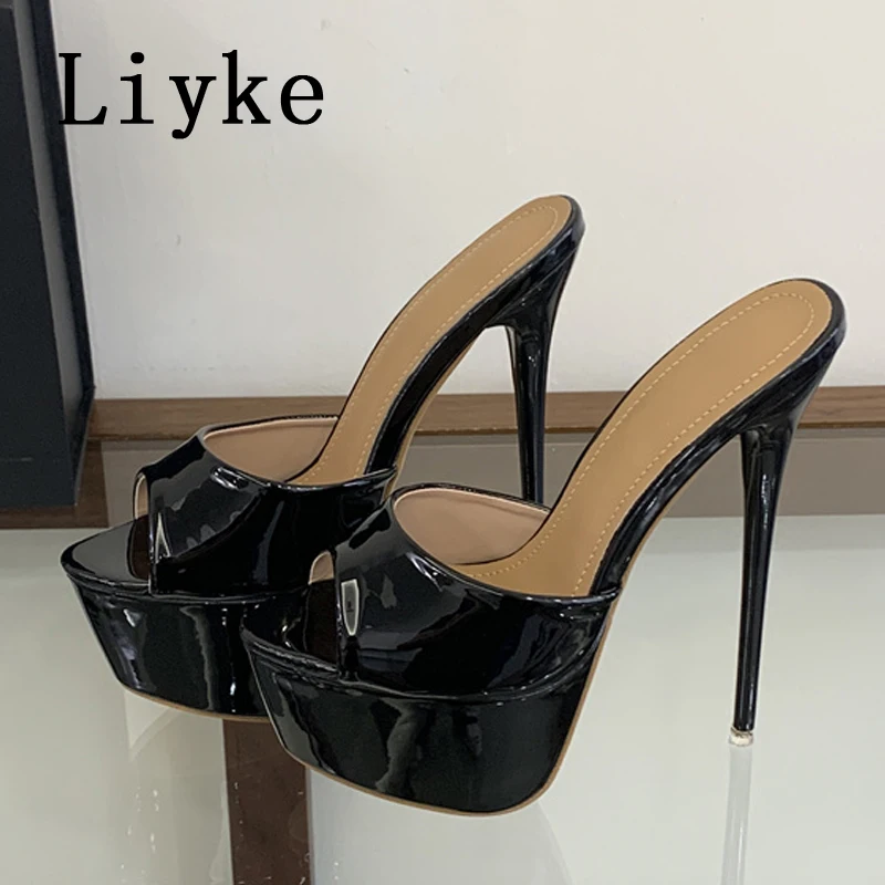 

Туфли-мюли Liyke Concise из черной глянцевой лакированной кожи на шпильке и платформе, с открытым носком, для вечеринок, женские
