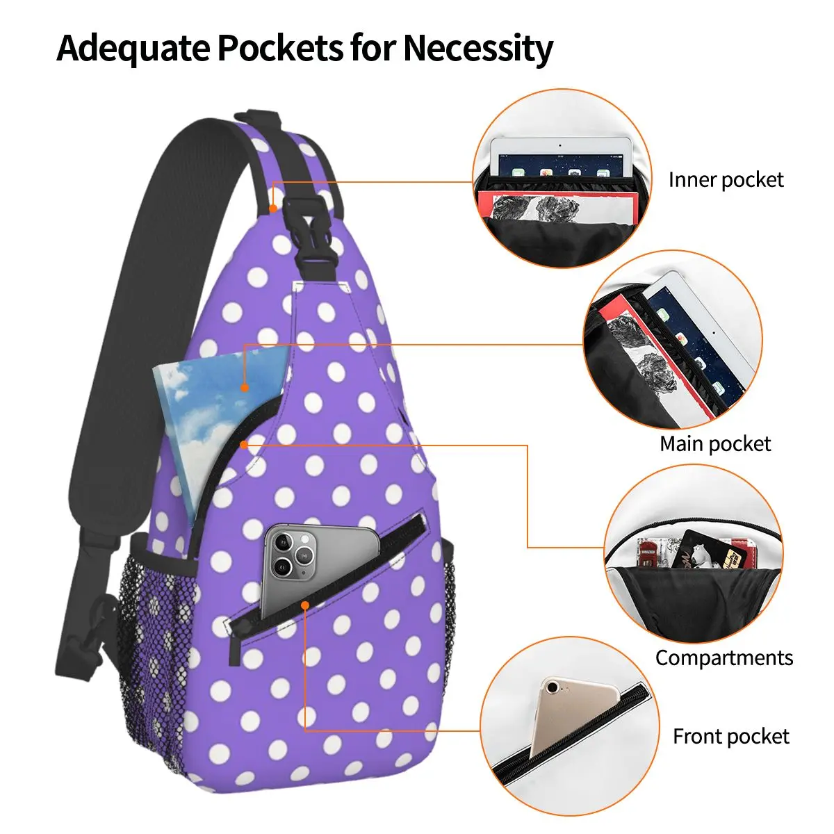 White Polka Dots Over Purple Chest Bag Men Sling Crossbody Backpack Chest Bag Traveling Hiking Daypack Shoulder Bag