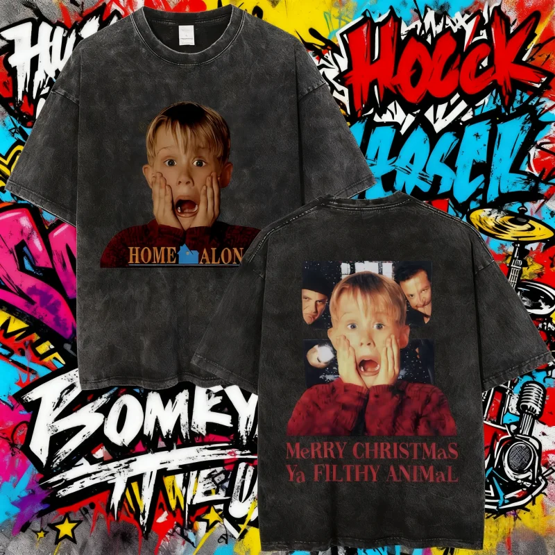 2025 الصيف فيلم المنزل وحده العالم السري كيفن ماكاليستر غسلها خمر الرجال النساء 100% القطن الخالص تي شيرت مطبوع