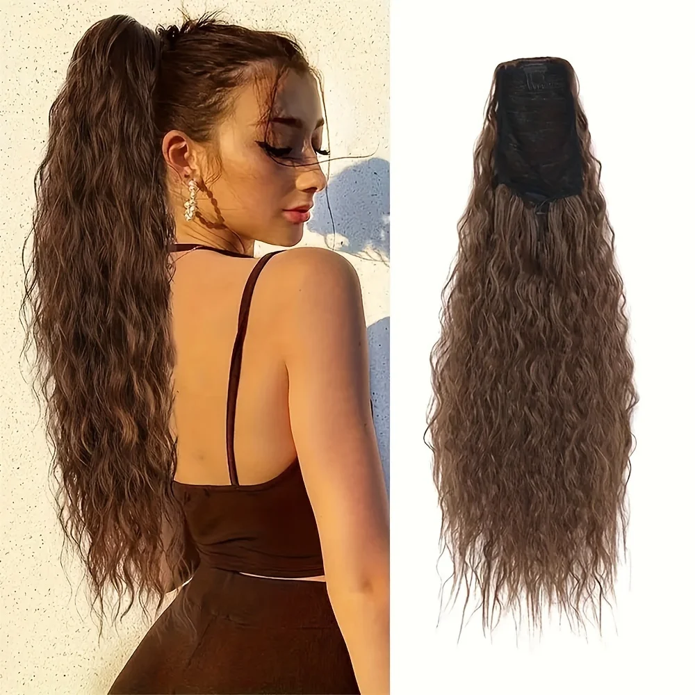 Coleta larga y rizada con cordón para mujer, extensiones de cabello sintético con Clip, pelucas, batidores de maíz, colas de caballo onduladas para el día a día