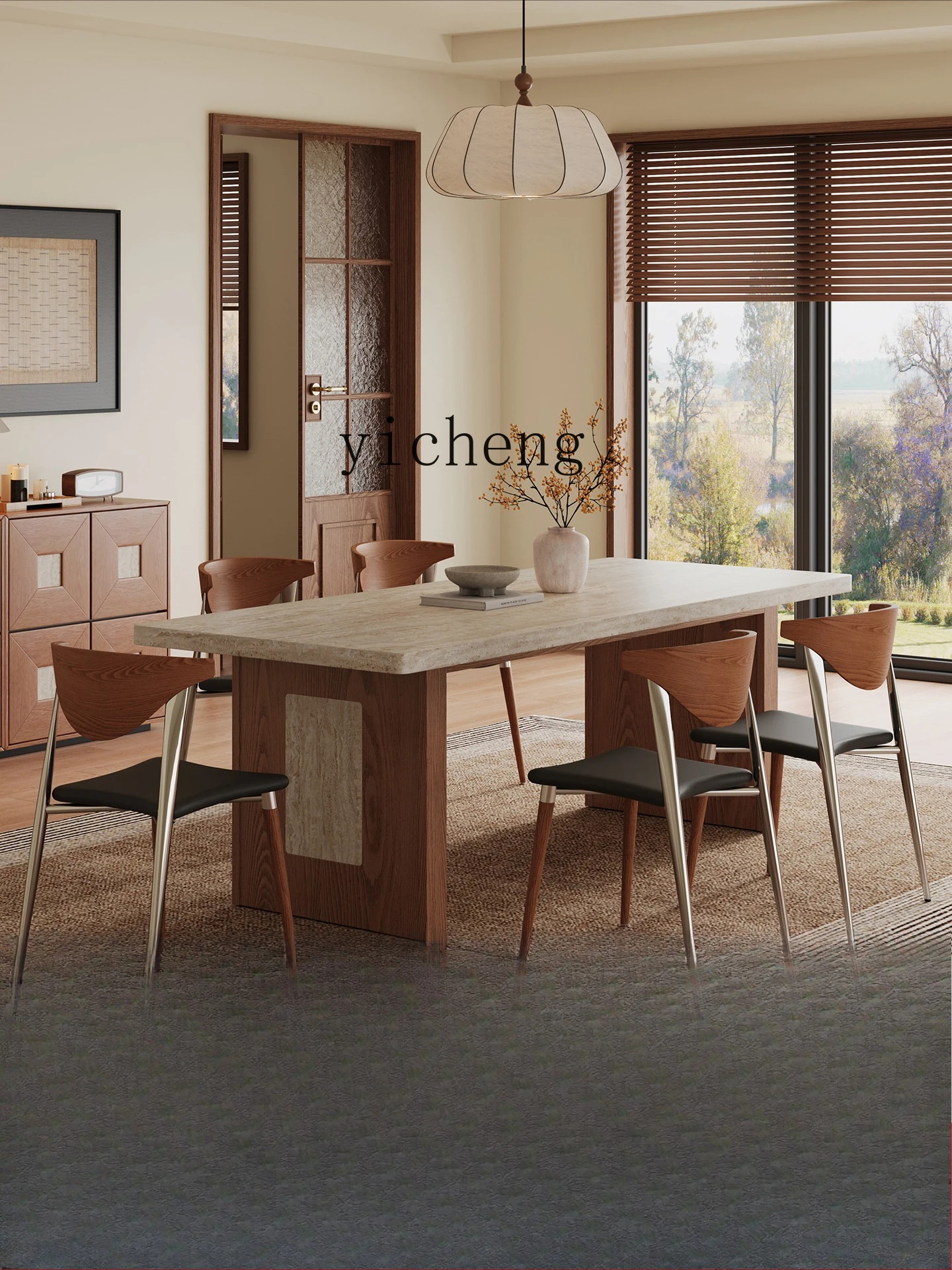 

LSL Vintage Style Solid Wood Dining Table Small Household Hanging Hole Stone Rock Plate Retro Dining Table