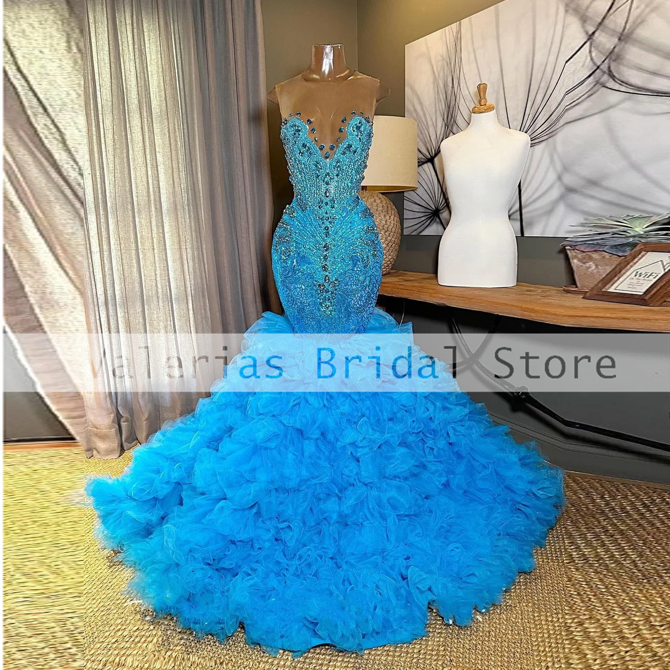 

Gillter Blue Mermaid Prom Dress Crastal Sheer Neck Sleeveless Ruffles Luxury Evening Dresses Formal Party Gowns Customized