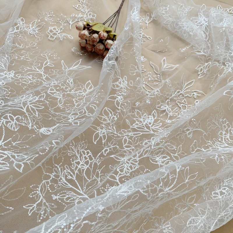 Off White Hollow See-through Skirt Dress Material Small Delicate Sequins Sparkly Lace 1 Yard 2023 NEW