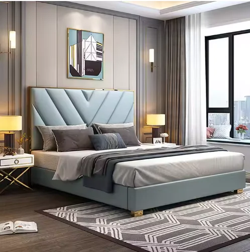 

！@Luxury Design Microfiber Leather Upholstered Beds king Size Bed with Golden Steel Frame High Headboard Solid Wood Bed Frame
