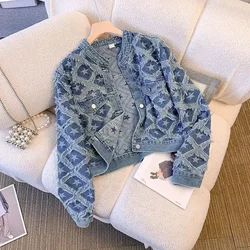 Autumn All Match Design Vintage Women Clothing Small Fragrance Y2k Jackets Crop Top Tassel Star Print Single Breasted Denim Coat